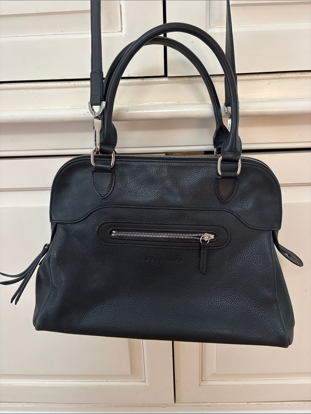 Longchamp Classic Black Pebbled Leather Satchel Handbag Shoulder Bag